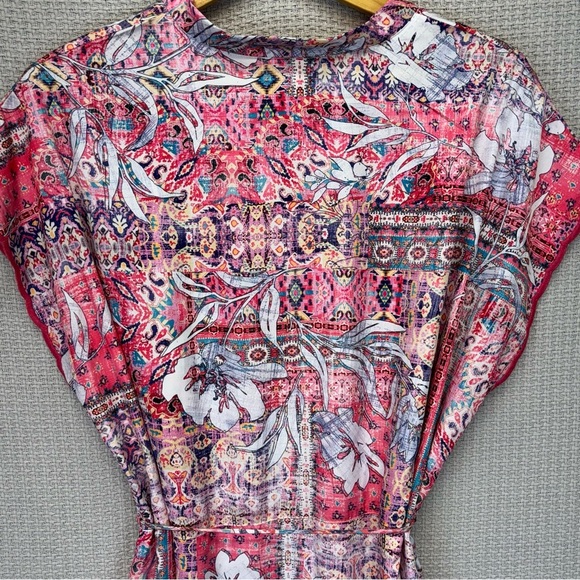 Karyn Seo Midi Boho Silky Dress Sz Med Pink Purple Floral Wedding Flutter Sleeve - Picture 6 of 8